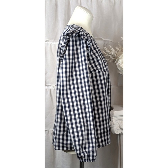 J. Crew Womens Navy Blue White Checkered Long Sleeve Blouse Ruffle Shoulder L - Picture 3 of 8